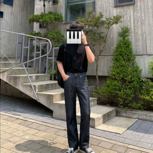 블랙 세미 원턱 와이드 데님 팬츠 (30)