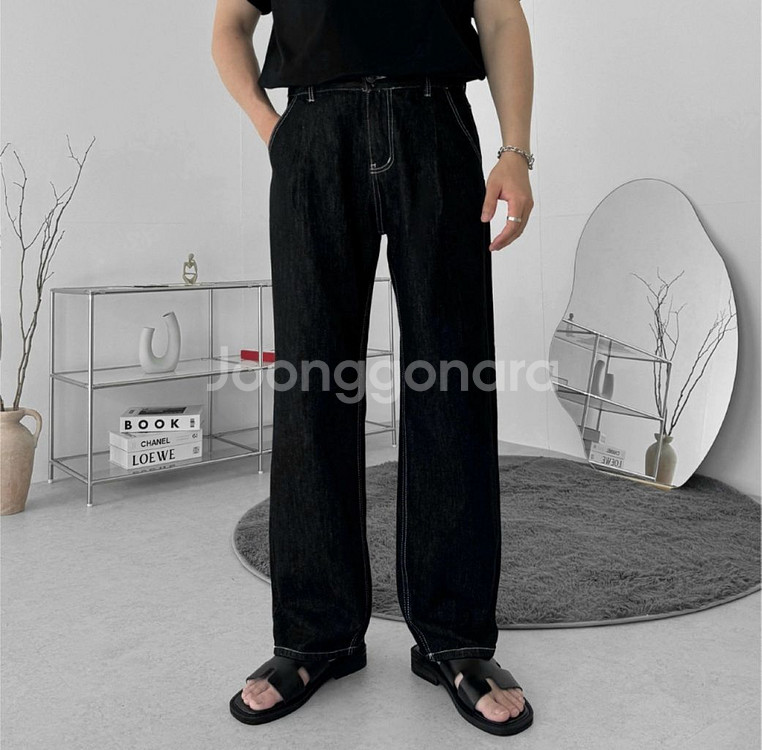 블랙 세미 원턱 와이드 데님 팬츠 (30)--1
