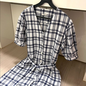 다올 린넨 퍼프 체크 셔츠 원피스 벨트 브이넥 레이어드