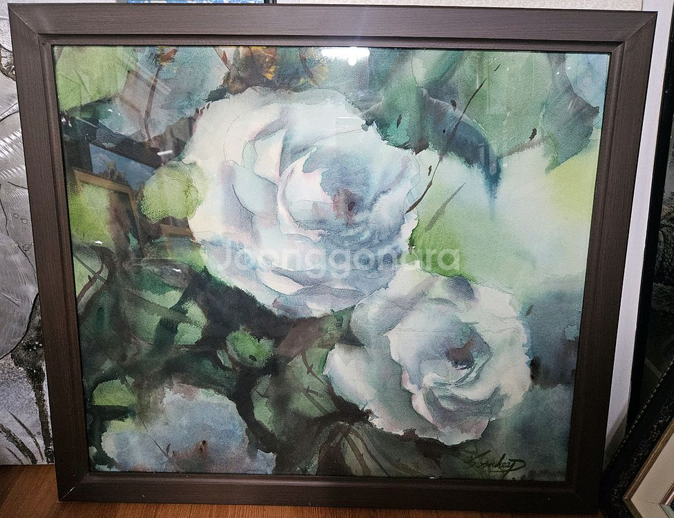 화이트로즈 수채 유화 그림 액자--0