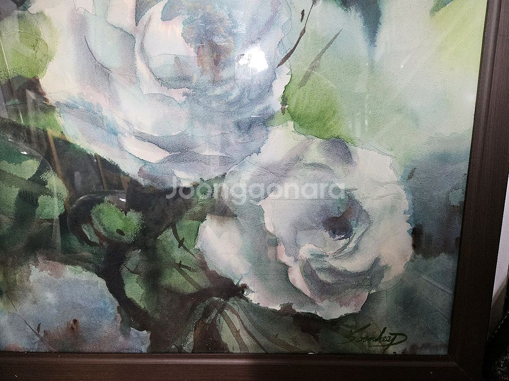 화이트로즈 수채 유화 그림 액자--1