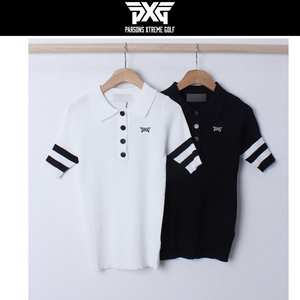 PXG 여성 골프웨어 팔 두줄 배색 자수로고 반팔 니트