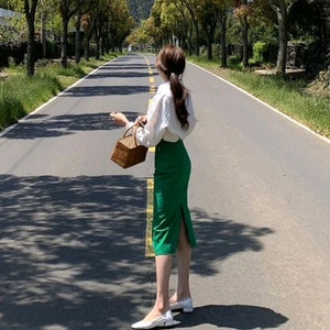 크렘므 그린 H라인 스커트 S 옷정리해요~길이줄임