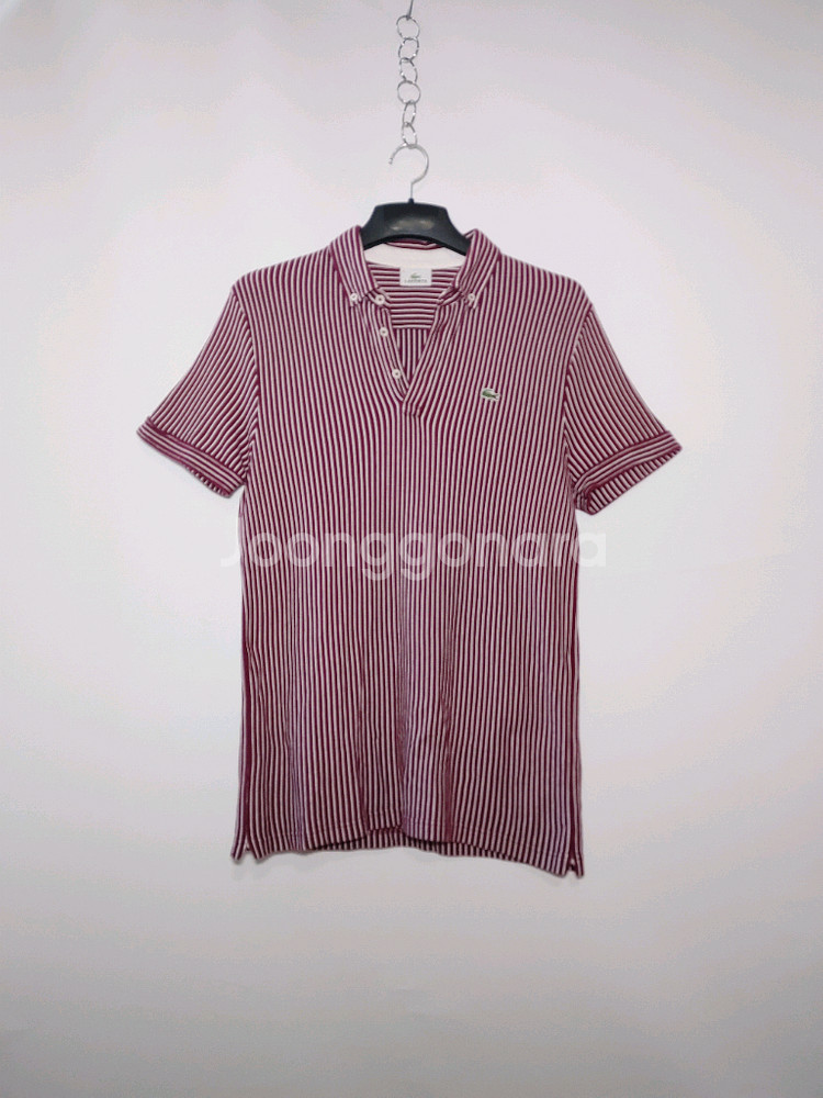 LACOSTE 라코스테 버건디 잔스트라이프 반팔 면니트--0