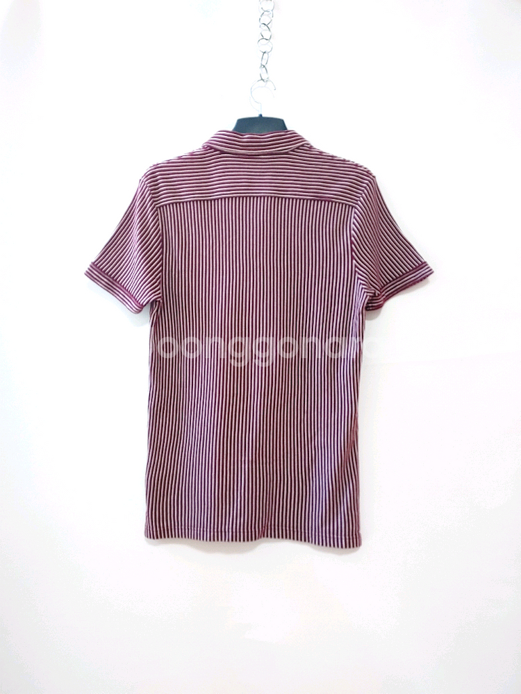 LACOSTE 라코스테 버건디 잔스트라이프 반팔 면니트--1