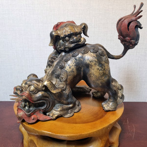 (걸작)중국 청동 해태 서수쌍호 대향로 길이38cm