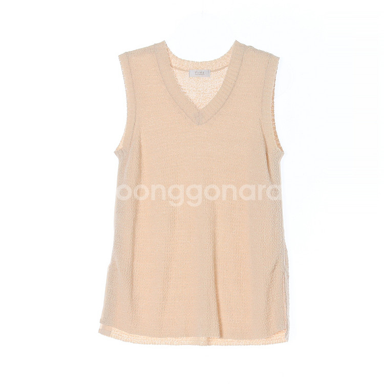 [S]타임 린넨77% 베이지 브이넥 민소매 니트 베스트--0