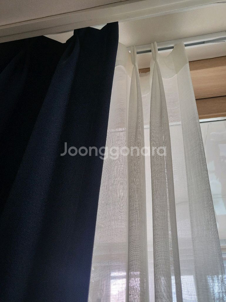 (이사정리) 네이비 암막 커튼 + 린넨 속지 커튼 세트--2