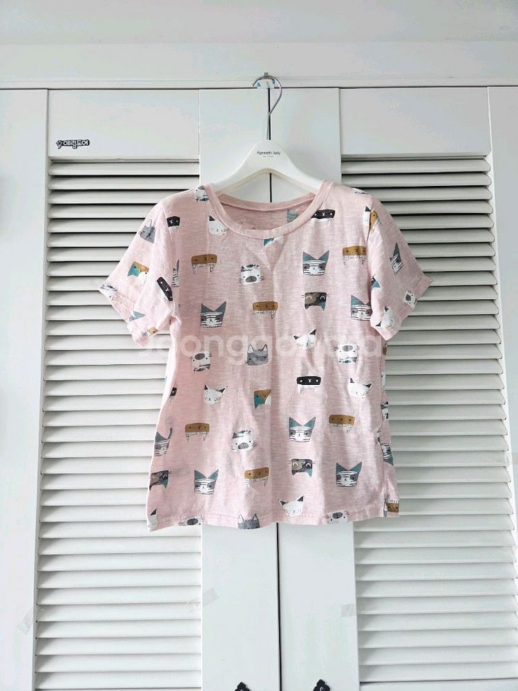 고양이 캐릭터 가득!!린넨혼방 거즈면 반팔티셔츠--0