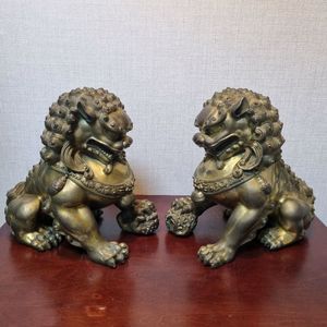 연대 오래된 중국 대형 개금 해태 동 조각상 한쌍
