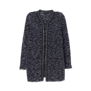 [M]마인 울 패턴 쥬얼리 트리밍 노카라 니트 롱 가