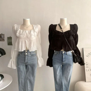 스퀘어넥 프릴 블라우스 블랙/화이트 2개 일괄판매