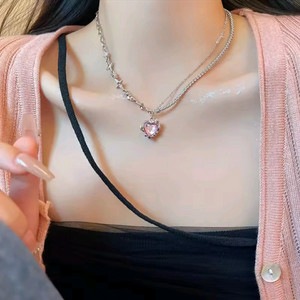 새거) 핑크 실버 하트 큐빅 체인 목걸이 초커