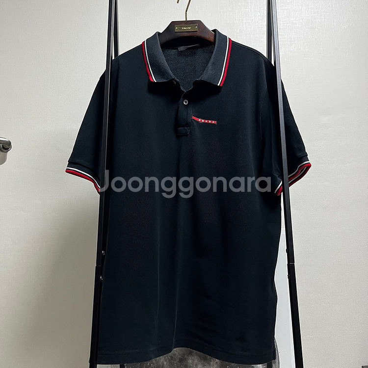 정품 3XL) 프라다 블랙 코튼 폴로 셔츠 105~11--0