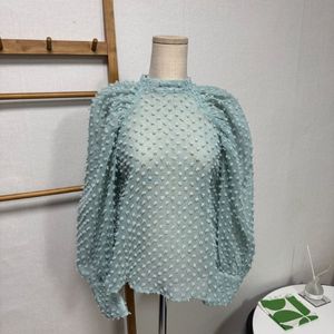 시스루 퍼프 블라우스 민트 프릴 자개 단추 블라우스