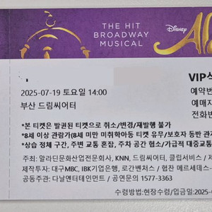 알라딘 뮤지컬 VIP티켓 부산드림시어터 7월 19일