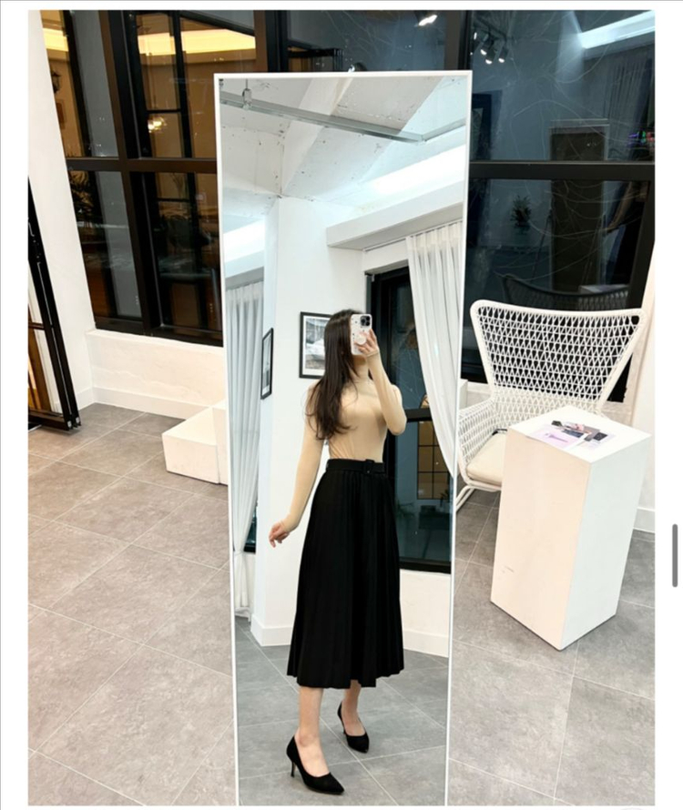 카키 그린 벨트 롱 주름 스커트 플리츠 치마 세트 밴딩--2