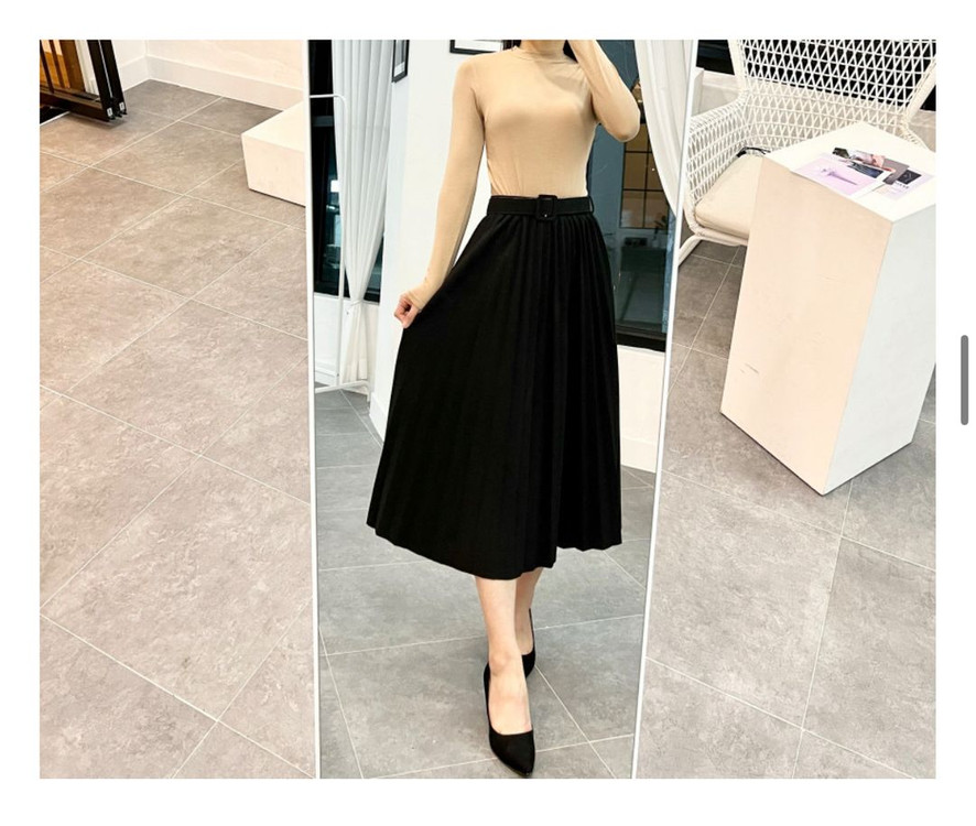 카키 그린 벨트 롱 주름 스커트 플리츠 치마 세트 밴딩--3