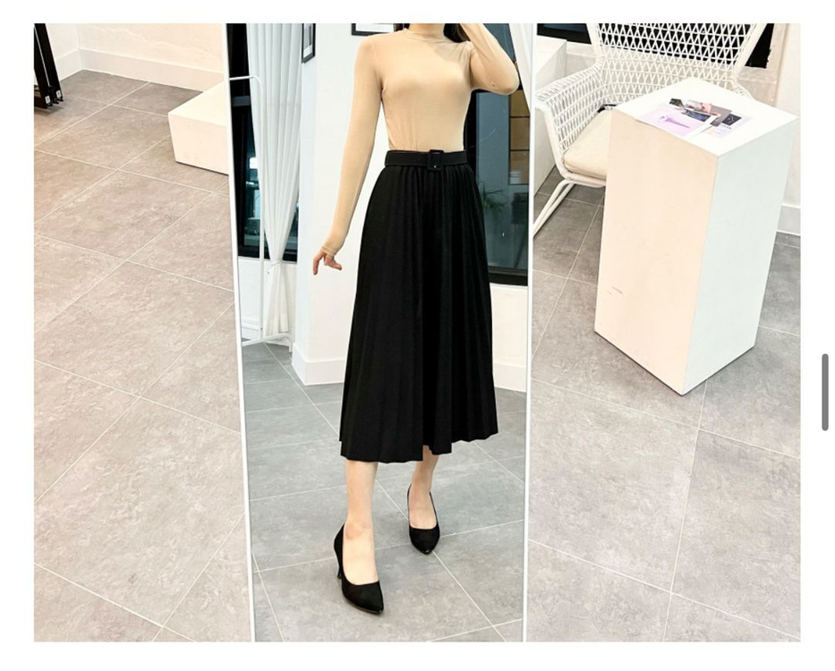 카키 그린 벨트 롱 주름 스커트 플리츠 치마 세트 밴딩--4