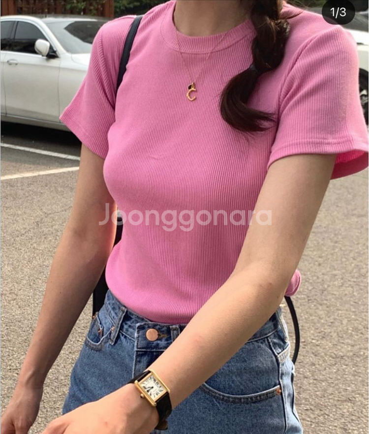 리본빛 골지 반팔 티셔츠--0