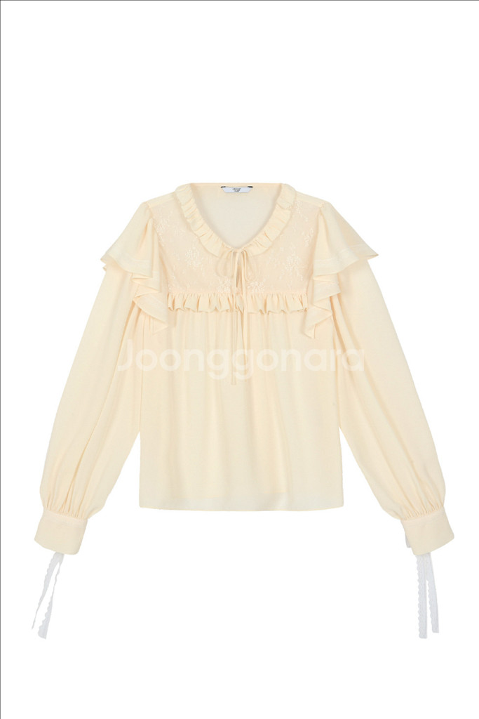 쟈니헤잇재즈 브이넥 레이스 블라우스 프릴 러플 셔링--0