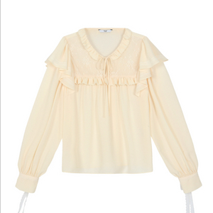 쟈니헤잇재즈 브이넥 레이스 블라우스 프릴 러플 셔링