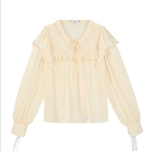 쟈니헤잇재즈 브이넥 레이스 블라우스 프릴 러플 셔링