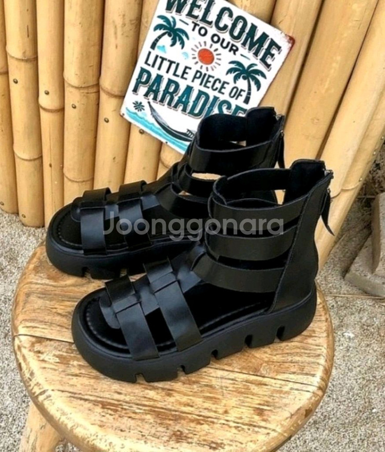 글래디에이터 스트랩 통굽 샌들 5cm 블랙 235--5