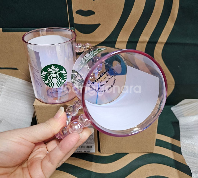 새상품)스타벅스 발렌타인 핑크빔 핸들 글라스 395ml--5