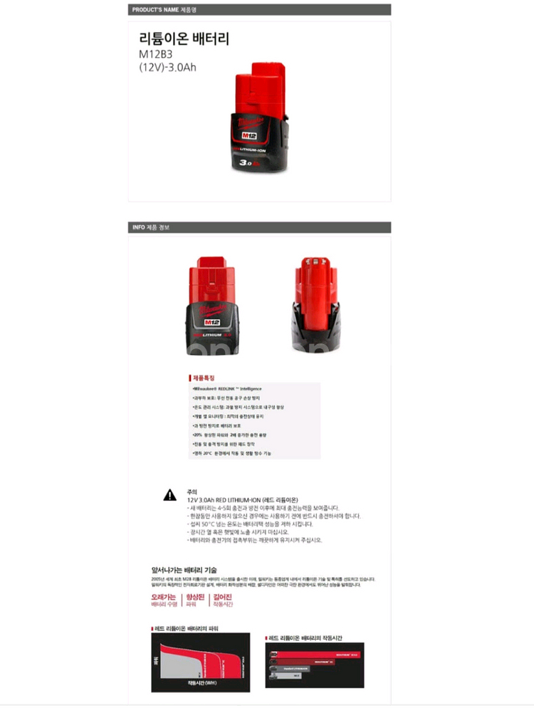 [정품]밀워키배터리 M12B3 개당가격 12V3.0AH--2