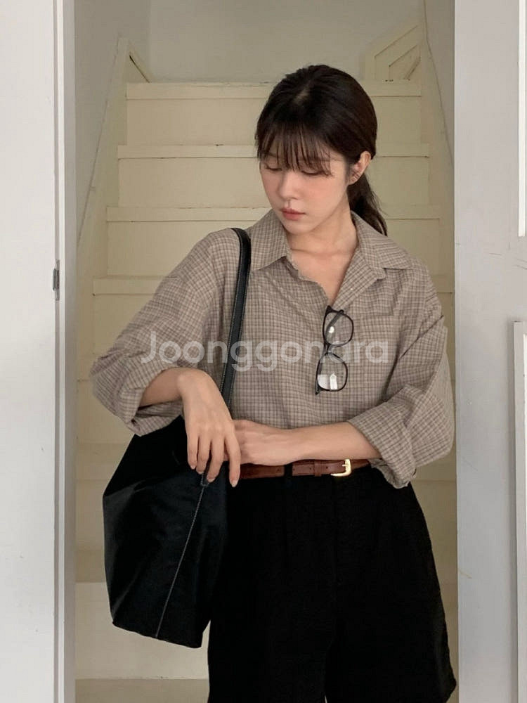 베르가못 스미스 썸머 시어서커 체크셔츠 베이지--0