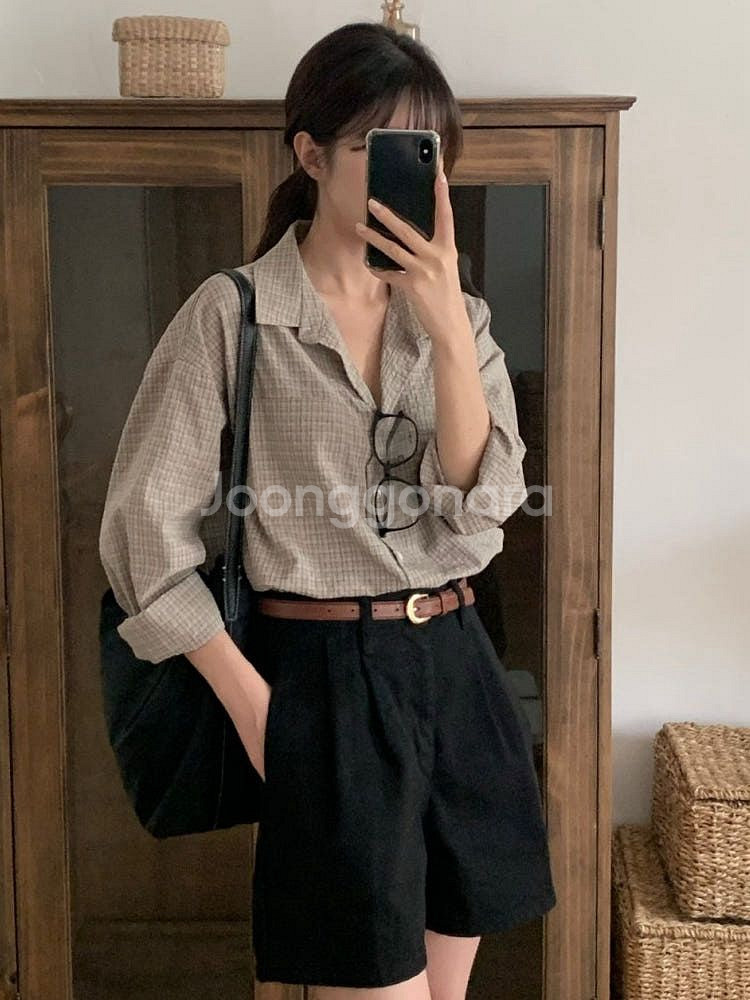 베르가못 스미스 썸머 시어서커 체크셔츠 베이지--1