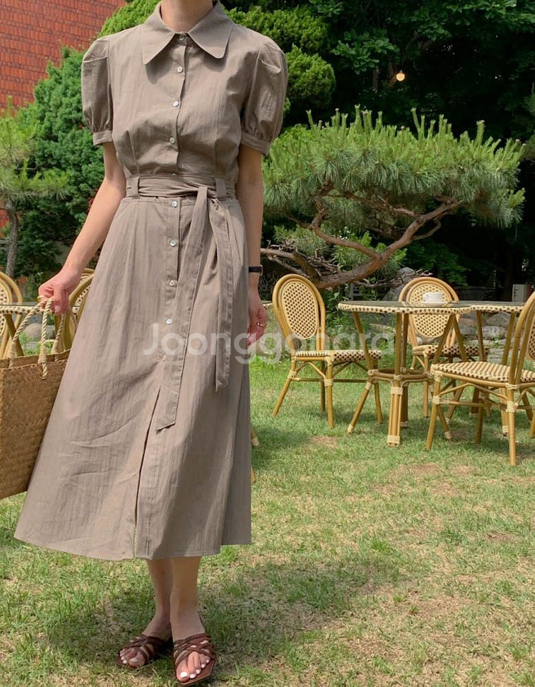 시그니처 클래식 원피스 카라 셔츠 반팔 롱 벨트 원피스--0