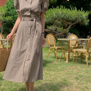 시그니처 클래식 원피스 카라 셔츠 반팔 롱 벨트 원피스