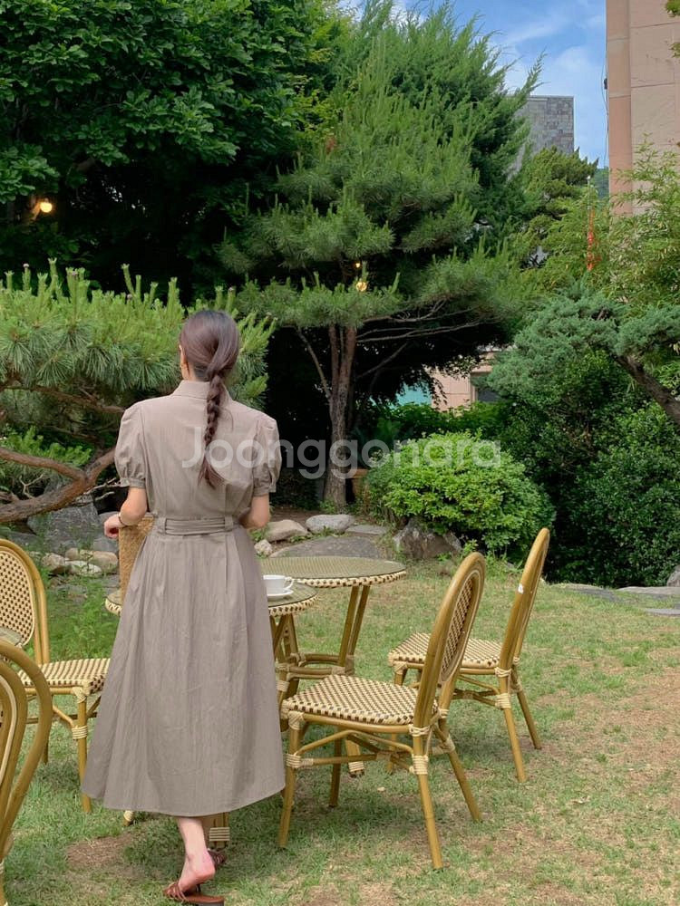 시그니처 클래식 원피스 카라 셔츠 반팔 롱 벨트 원피스--1