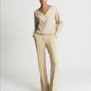 리스 REISS 배색 라인 브이넥 니트 울 코튼 베이지