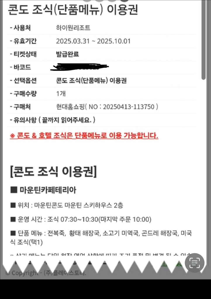 하이원리조트 조식단품 두장구매시 15000원--0