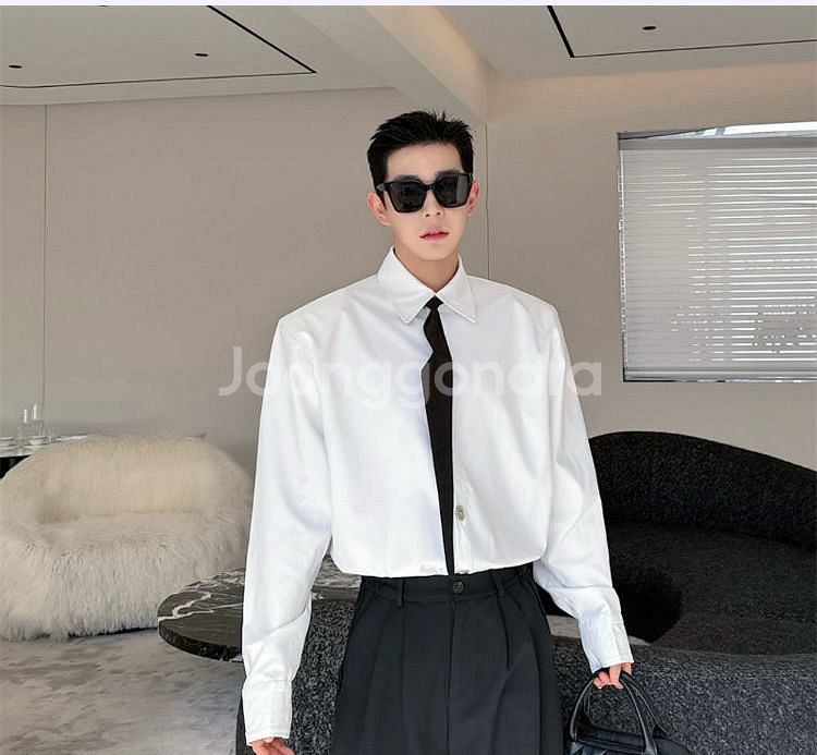 남자 여자 셔츠 넥타이 세트 루즈핏 어깨 패드 긴팔 셔--0