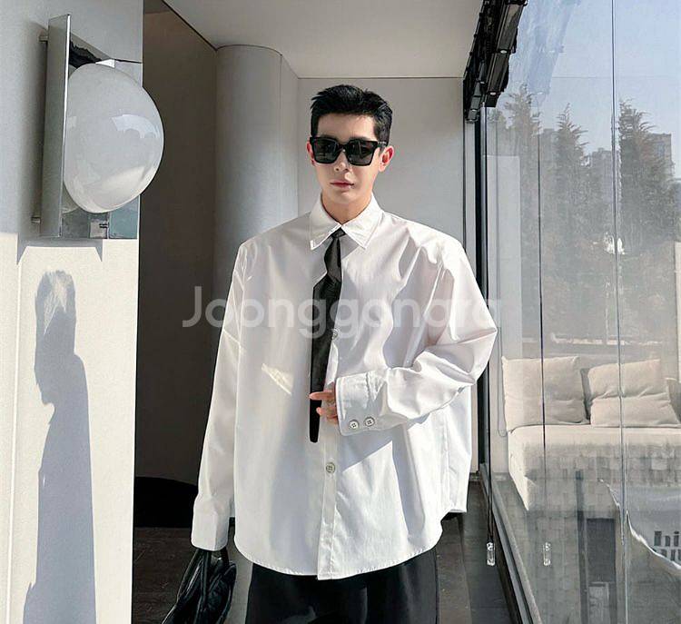 남자 여자 셔츠 넥타이 세트 루즈핏 어깨 패드 긴팔 셔--2