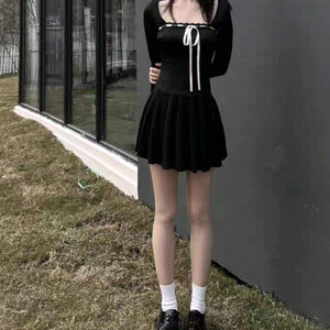 발레코어 리본 블랙 플리츠 원피스 리재 에이블리