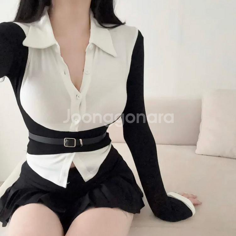 배색 셔츠 크롭 긴팔 볼레로 가디건 에이블리 빈티지--3