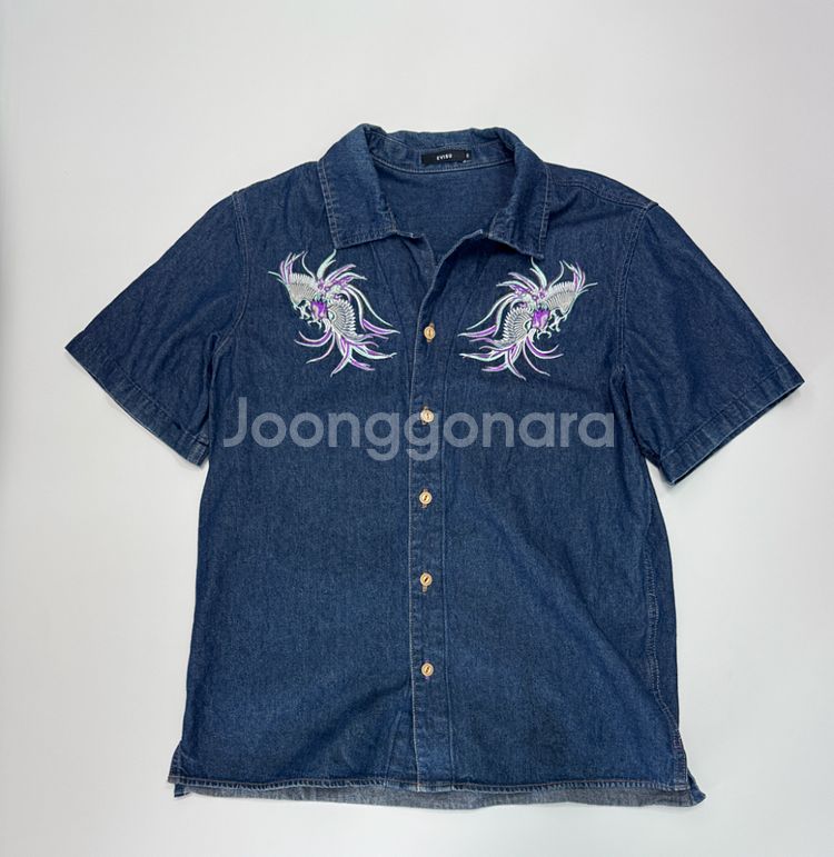 에비수 드래곤 자수 데님 반팔 셔츠 L--0