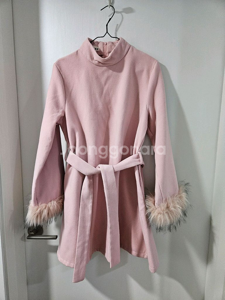 퍼장식 벨티드 모직 핑크 미니원피스--0