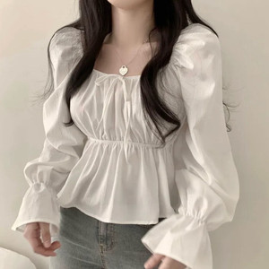 리본 블라우스 긴팔 프릴 퍼프 오프숄더 빈티지 에이블리