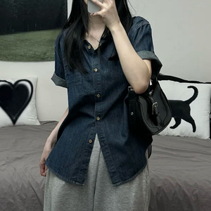 에이블리 박시 롤업 데님 반팔 셔츠