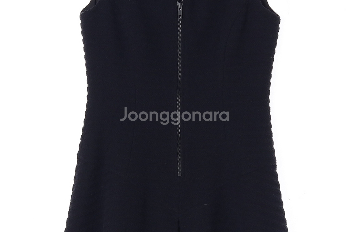 [XS]띠어리 패턴 민소매 브이넥 집업 플레어 원피스--2