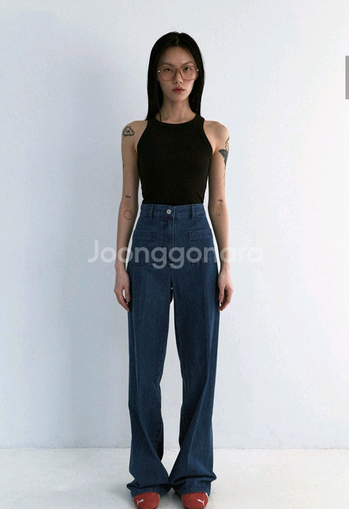 하이라이즈 와이드 데님 S사이즈 롱버전 연청 새상품--9