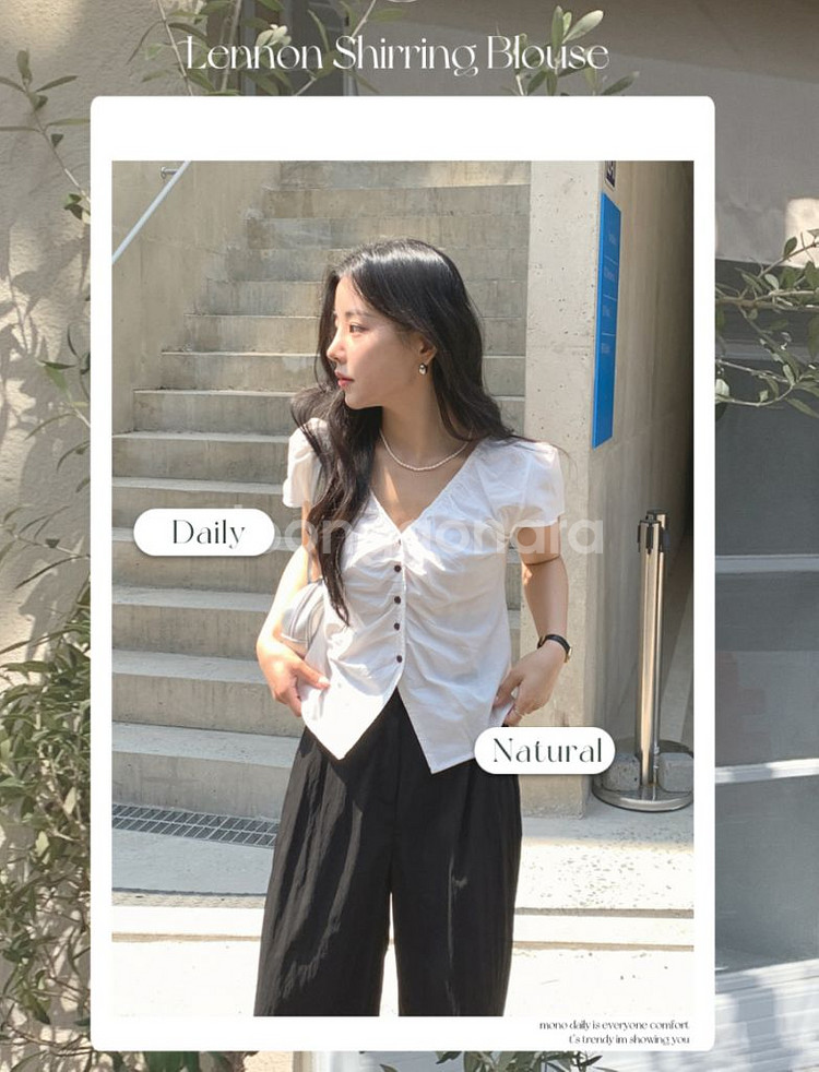 모노데일리 레넌 브이 셔링 블라우스 화이트--0