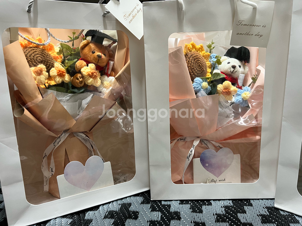 졸업식 학사모 곰인형 뜨개꽃다발+쇼핑백 세트--0