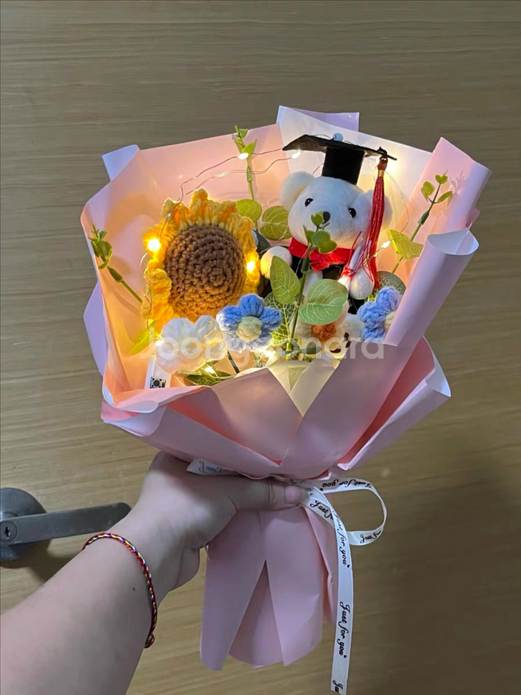 졸업식 학사모 곰인형 뜨개꽃다발+쇼핑백 세트--5